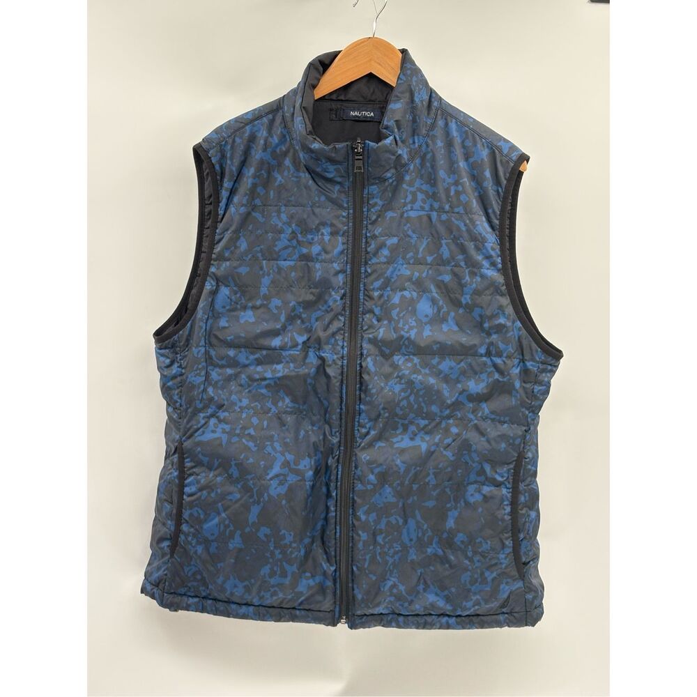 Nautica Puffer Vest Men Size XL Blue Black‎ Reversible Camo Full Zip